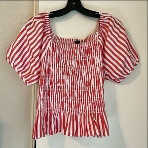 Ann Taylor Red White Smocked Puff Sleeve Size L Peplum Top Red White Stripe NWT